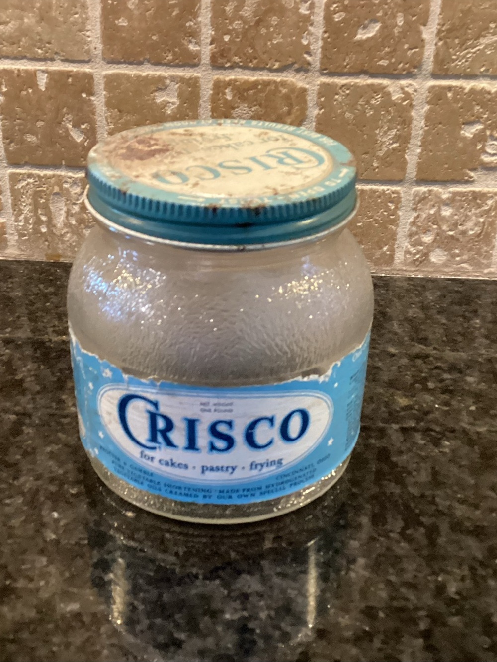 Crisco glass jar with lid, vintage and with label